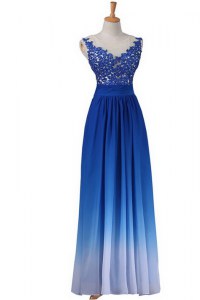 On Sale Blue Backless Prom Dress Lace Sleeveless Floor Length
