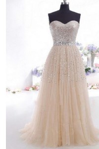 Sleeveless Beading and Belt Zipper Prom Gown with Champagne Sweep Train