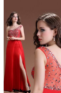 Traditional Red One Shoulder Side Zipper Beading Prom Dresses Sleeveless