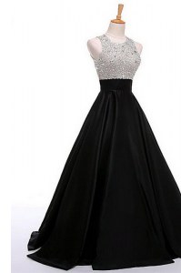 Edgy Scoop Floor Length Black Dress for Prom Satin Sleeveless Beading