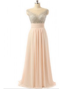 Organza Scoop Sleeveless Sweep Train Side Zipper Beading and Sequins and Belt Prom Evening Gown in Peach
