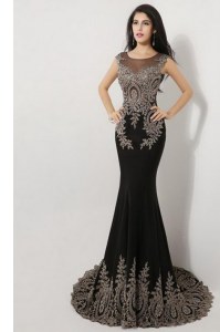 Nice Mermaid Scoop Sleeveless Silk Like Satin Floor Length Brush Train Zipper Dress for Prom in Black with Appliques