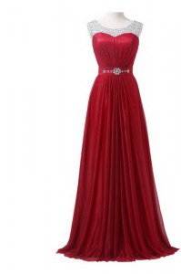 Spectacular Scoop Wine Red Chiffon Zipper Prom Gown Sleeveless With Brush Train Beading and Ruching