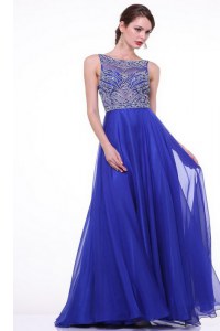 Beautiful Beading and Ruching Prom Gown Royal Blue Zipper Sleeveless With Brush Train