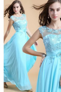 Scoop Aqua Blue Column/Sheath Appliques Prom Party Dress Zipper Chiffon Sleeveless Floor Length