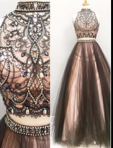 Best Selling Brown Two Pieces Beading and Ruching Evening Dress Zipper Tulle Sleeveless Floor Length