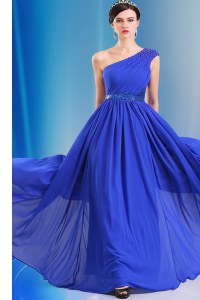 One Shoulder Royal Blue Sleeveless Floor Length Ruching and Belt Side Zipper Evening Dress