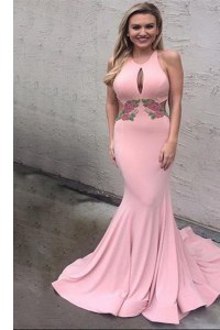 Mermaid Scoop Sleeveless Prom Party Dress With Brush Train Appliques Pink Elastic Woven Satin