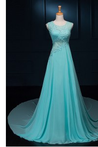 Colorful Scoop Sleeveless Chiffon With Brush Train Zipper Homecoming Dress in Baby Blue with Beading and Appliques