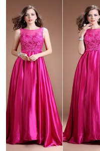 Hot Pink Prom Dress Prom and Party and For with Beading and Appliques Bateau Sleeveless Zipper