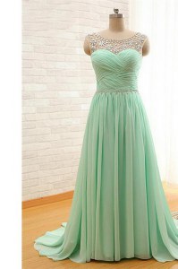 Scoop With Train Zipper Dress for Prom Apple Green for Prom and Party with Beading and Ruching Brush Train