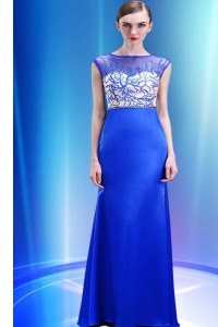 Decent Scoop Floor Length Zipper Prom Dresses Royal Blue for Prom and Party with Beading and Appliques