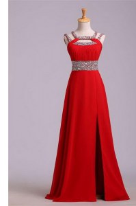 Graceful Halter Top Red Sleeveless Beading and Belt Floor Length Dress for Prom