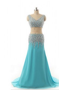 Delicate Sleeveless Chiffon Asymmetrical Zipper Prom Party Dress in Aqua Blue with Beading