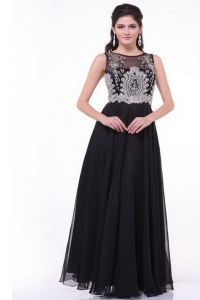 Black Chiffon Zipper Scoop Sleeveless Floor Length Prom Gown Beading and Appliques and Ruching