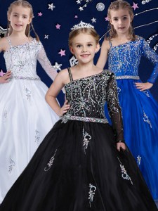 Gorgeous Asymmetric Sleeveless Pageant Gowns For Girls Floor Length Beading Black Organza