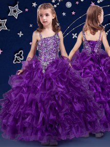 Latest Purple Ball Gowns Beading and Ruffled Layers Little Girl Pageant Dress Lace Up Organza Sleeveless Floor Length