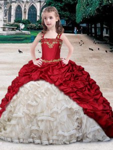 Custom Design Straps Sleeveless Casual Dresses Floor Length Beading and Appliques and Ruffles and Pick Ups White and Wine Red Organza and Taffeta