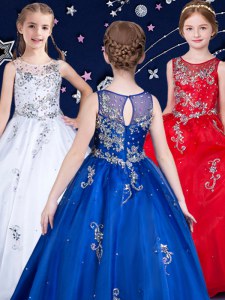 Scoop Sleeveless Kids Pageant Dress Floor Length Beading White and Red and Royal Blue Organza