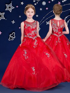 Glorious Scoop Red Ball Gowns Beading and Appliques Little Girls Pageant Dress Wholesale Zipper Organza Sleeveless Floor Length