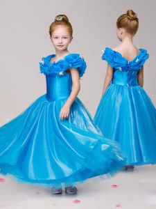 Off the Shoulder Cap Sleeves Tulle Ankle Length Zipper Flower Girl Dresses in Blue with Appliques
