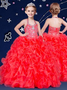 Halter Top Sleeveless Little Girls Pageant Gowns Floor Length Beading and Ruffles Coral Red Organza
