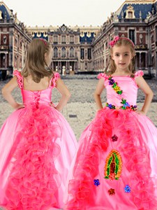 Cap Sleeves Lace Up Floor Length Beading and Appliques and Ruffles Little Girl Pageant Dress