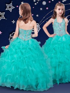 Sweet Halter Top Beading and Ruffles Little Girls Pageant Dress Turquoise Zipper Sleeveless Floor Length