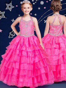Lovely Halter Top Sleeveless Floor Length Beading and Ruffled Layers Zipper Pageant Gowns For Girls with Hot Pink