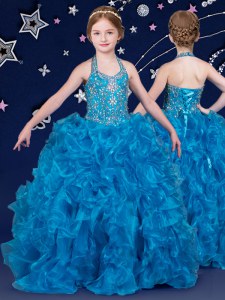 Halter Top Blue Sleeveless Floor Length Beading and Ruffles Lace Up Child Pageant Dress