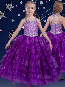 Excellent Halter Top Sleeveless Floor Length Beading and Ruffled Layers Zipper Little Girls Pageant Gowns with Eggplant Purple