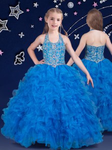 Halter Top Sleeveless Organza Floor Length Zipper Little Girls Pageant Dress in Baby Blue with Beading and Ruffles