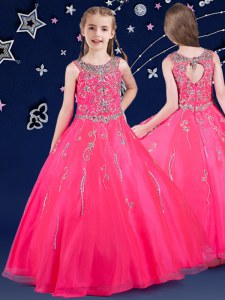Charming A-line Little Girl Pageant Gowns Hot Pink Scoop Organza Sleeveless Floor Length Zipper