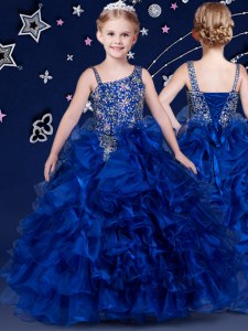 Floor Length Royal Blue Little Girl Pageant Gowns Organza Sleeveless Beading and Ruffled Layers