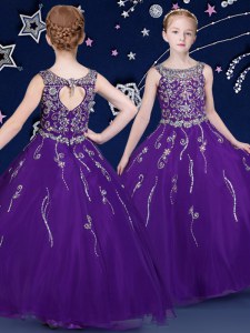 Pretty Scoop Purple Ball Gowns Beading Little Girls Pageant Dress Lace Up Organza Sleeveless Floor Length