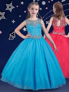 Baby Blue Ball Gowns Scoop Sleeveless Organza Floor Length Zipper Beading Teens Party Dress