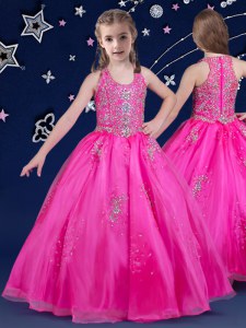 Classical Scoop Floor Length Zipper Little Girls Pageant Dress Fuchsia for Quinceanera and Wedding Party with Beading