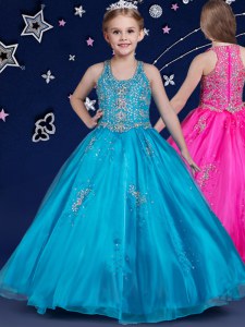 Scoop Blue Ball Gowns Beading Pageant Gowns For Girls Zipper Organza Sleeveless Floor Length