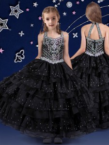 Halter Top Sleeveless Floor Length Beading and Ruffled Layers Zipper Party Dress Wholesale with Black
