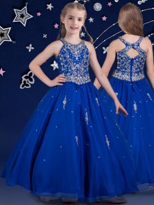 Ball Gowns Child Pageant Dress Royal Blue Scoop Organza Sleeveless Floor Length Zipper