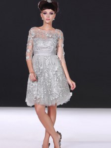 Beauteous Silver Zipper Bateau Beading and Lace Homecoming Party Dress Chiffon 3 4 Length Sleeve