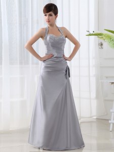 Discount Grey A-line Satin Halter Top Sleeveless Beading and Ruching Floor Length Lace Up Prom Evening Gown