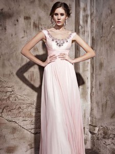 Colorful Scoop Baby Pink Column/Sheath Beading Dress for Prom Backless Chiffon Sleeveless Floor Length