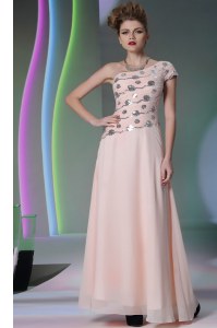 Pretty Baby Pink Empire One Shoulder Cap Sleeves Chiffon Floor Length Side Zipper Beading and Appliques Prom Homecoming Dress