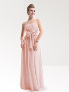 Artistic Sleeveless Chiffon Floor Length Zipper Evening Dress in Baby Pink with Ruching and Bowknot