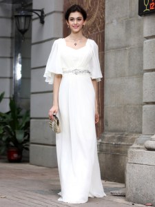 Square Half Sleeves Zipper Prom Gown White Chiffon