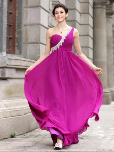 One Shoulder Floor Length Zipper Prom Gown Fuchsia for Prom and Party with Beading