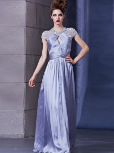 Lavender Chiffon Zipper Halter Top Sleeveless Floor Length Prom Dress Beading and Ruching