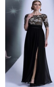 Black Evening Dress Prom and Party and For with Beading and Appliques Scoop Half Sleeves Zipper