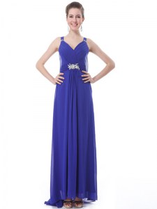 Spectacular Blue Straps Neckline Beading and Ruching Prom Dresses Sleeveless Side Zipper